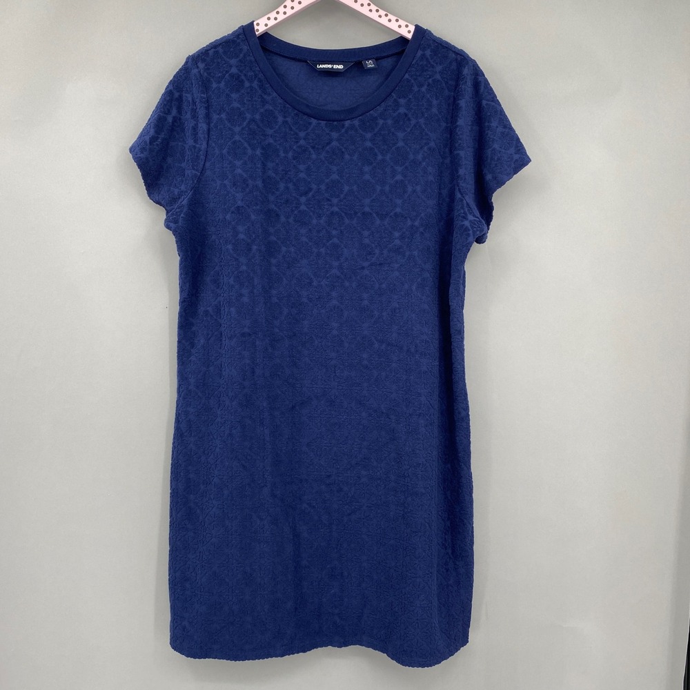 Lands' End Jacquard Terry Cloth Shift Dress Womens Large 14-16 Blue Short Sleeve